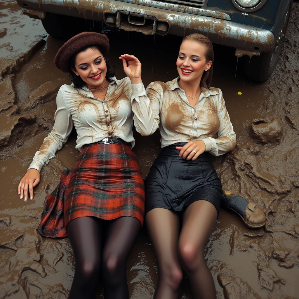 Two kissing women in ballet clothes, tutu, very short tulle skirt 30 years old, shakira, covered with a lot of mud, mud running over the body, bare chest covered with mud, (without bra), (without panties), (in the bathtub filled with mud, high heels are smeared with mud), realistic 30-year-old woman, intricate background, high quality, realistic lighting, center of the picture, hourglass proportions,  8k, HDR, BDSM, medium chest size, long legs, toned, professional photography of a woman, natural skin texture smeared with a lot of mud, 4K textures, Adobe Lightroom, Photolab, HDR, complicated, elegant, very detailed, sharp focus, insane details, intricate details, hyper-detailed, bright cinema light, outdoor atmosphere, chin pulled up, (exposed belly: 1.8 ), (remote shot), dominant facial expression, (bright red curls with, wet hanging down, mud in hair), (the skin is covered with mud), European face, (sandals, high heels, white, with straps, in mud) (transparent, long-sleeved chiffon blouse, blouse with ruffles, white, chiffon sleeves. Puff sleeves, blouse sticks transparent and muddy to the body, clothes stick to the body), (pearl necklace wetted with mud), (underbust corset, white, soiled with mud), (white gloves, satin smeared with mud), (tights, white, patterned, smeared with mud), (micro-slip, thong, dirty with mud) --auto --s2