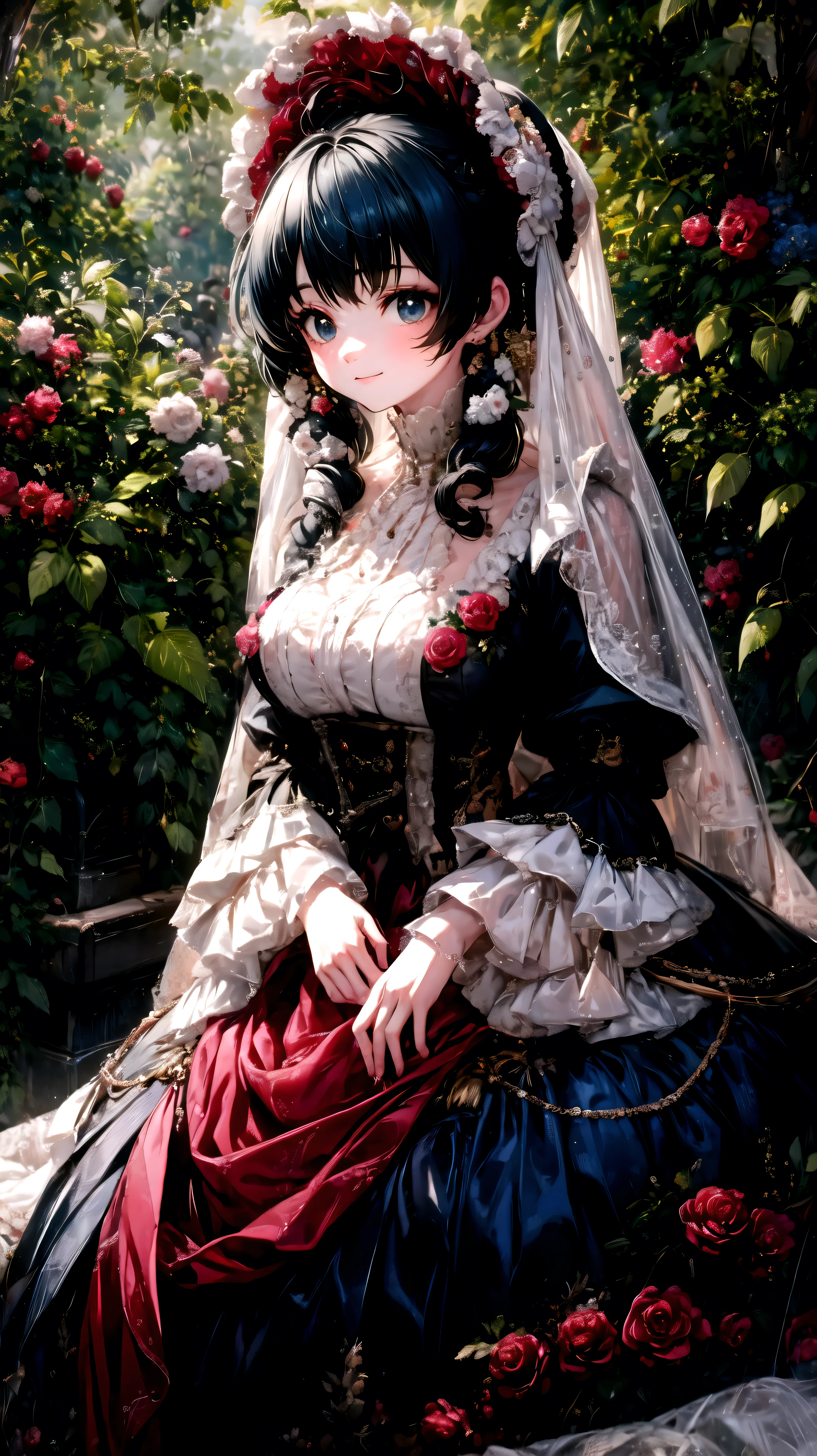 Lady, Curly Hair, Floral Crinoline Hoop Skirt, elegant red petticoat dress, big breasts, hyper detailed beautiful eyes, bonnet, Fluffy, ((smile)), downblouse, loose t-shirt, leaning forward, (( light particles)), Retro, forest, sunlight filtering through the trees, shallow depth of field , film grain , landscape, (anime moe art style:1.3), ((Superbly detailed drawing, ultra detailed, exquisite quality, absolutely resolution)),