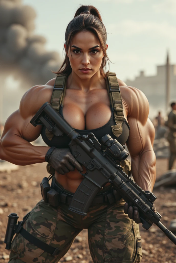 Photorealistic, high resolution, 1 Malay girl with braided hair, Solo, Hips up, Battlefield background，view the viewer, (Detailed face), half naked, SWAT vests, sniper rifle handle, Naked, bulletproof vest, Holding an assault rifle, M16, Inside the city, Very detailed, Perfect face, Black eye, jewelry, muscles shredded, veins everywhere 

HDR, perfect body view, girl nude, full naked, (Detailed body), Sharpen, shoulders, biceps, triceps, chest, breasts veined, abdomen, pussy veins, Lifelike,masterpiece