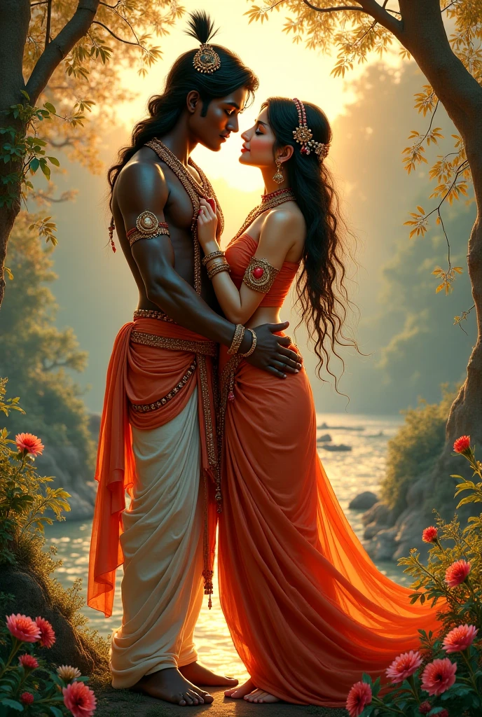 Create a beautiful rada and lord Krishna with a beautiful natural background