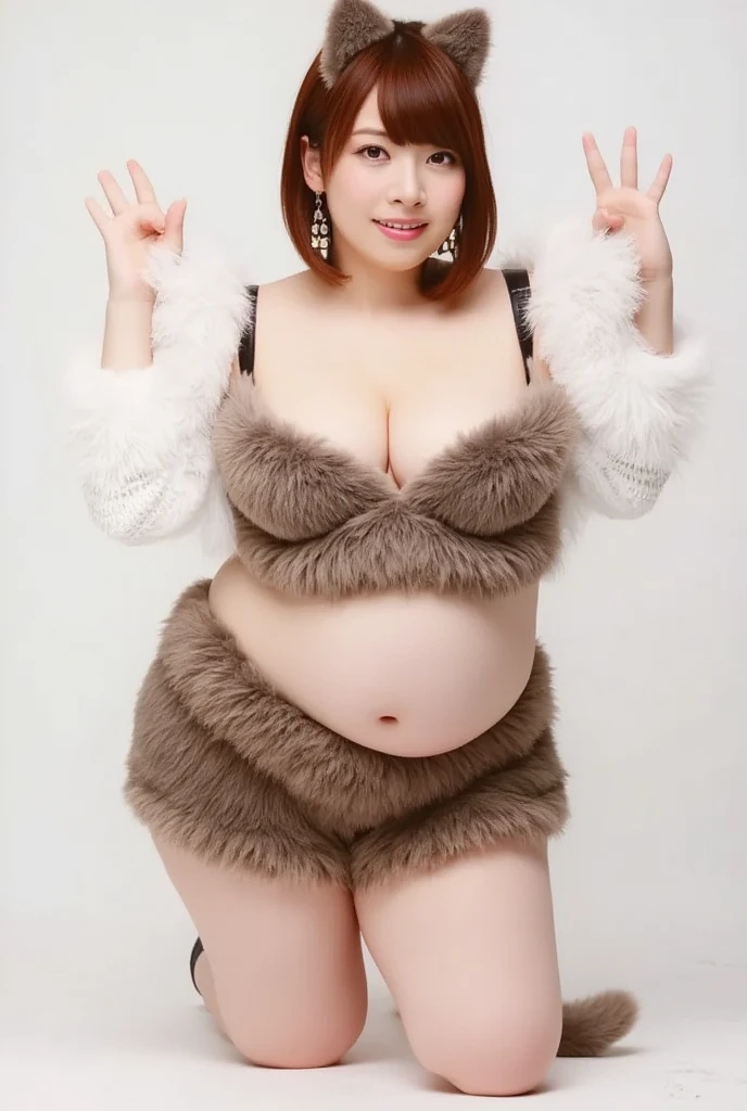 ((Best Quality)), ((masterpiece)), (detailed), fox ears, orange lingerie, A Japanese grandfather with a sensual body., Height of 1,60, having sex, wearing extremely small clothes that squeeze her enormously large breasts, and your little vagina, 



