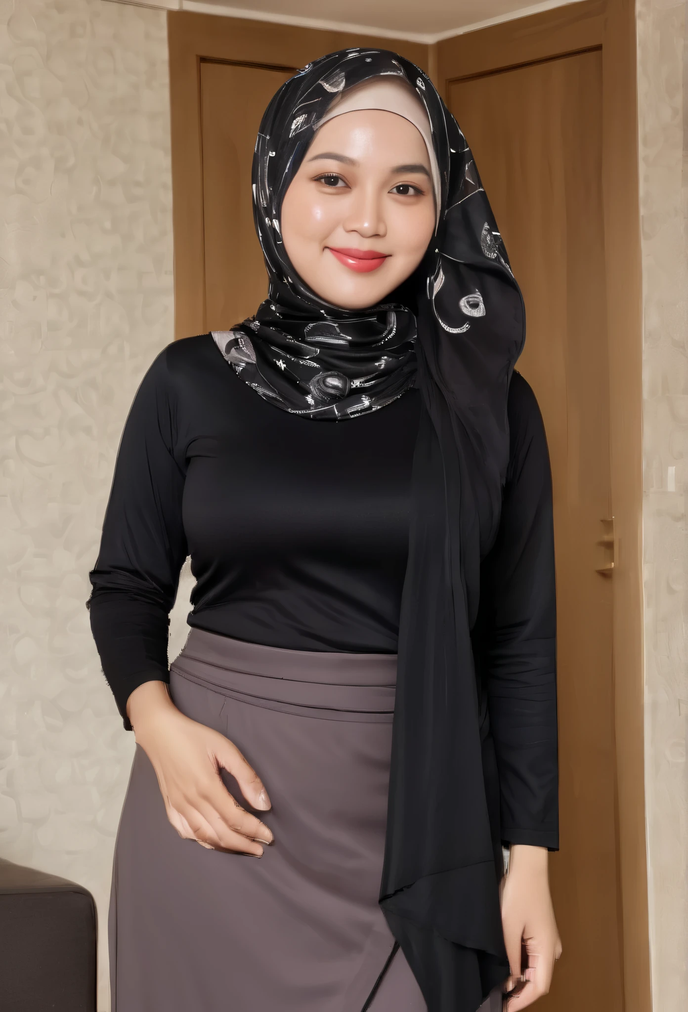Masterpiece, high quality, best quality:1.45, sharp focus of face and skin, highly detailed face and body, ultra-realistic, POV, RAW, UHD, 8K, soft light, perfect face, expressive eyes, scored7_up, scored8_ up, scored9, blush, 1girl hijab, beauty, pale skin, (long hijab, closed hijab), thin face, doubleyelids, (giant breasted), big thigh, wearing closed kebaya, busty body, standing, long pencil batik skirt, front view, room background,