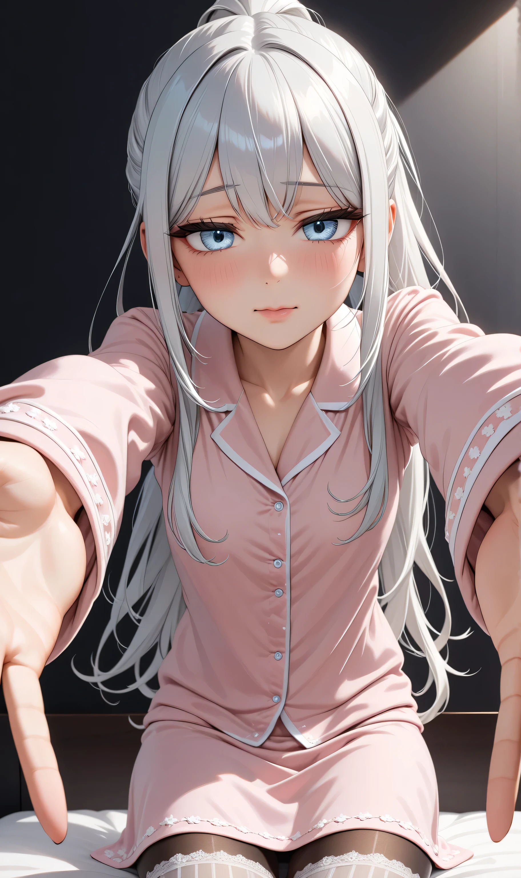 Upper body ((Ultra detailing)), (very aesthetic, best quality, ultra detailed), intricate details, 1girl, silver hair, silver eyes,((Detailed eyes)), ((Beautifull eyes)), ((prefect eyes)), long hair, ponytail, shy, Licking her lips, Blush , (Wearing Pajamas ,Skirt, pantyhose), On the bed, Incoming hug
