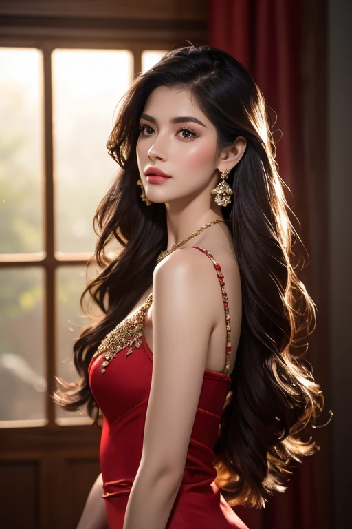 score_9,score8_up,(majestic:1.5),(uhd:1.3)(best quality,highres,masterpiece:1.2),ultra-detailed,(realistic,photorealistic,photo-realistic:1.37),(( wide view shot)), Masterpiece, beautiful details, perfect focus, uniform 8K wallpaper, high resolution, exquisite texture down to the smallest detail, (highest resolution, distinct_image), Best quality, single person, one woman, solo, masterpiece, highly detailed, semi realistic, black long luscious shinning hair, curls, bangs, 18 years old, perfect body, dimples, mature, modern girl, detailed and natural medium breasts, detailed glossy eyes, detailed white teeth, detailed sharp nose, detailed full glossy lips, detailed perfect symmetrical face, perfect skin texture, smooth skin, deep neckline, glasses, beautiful designer  red fashion dress, bending forward, seductive pose, dynamic pose, earrings and necklace, hair ornaments, gentle, cute, blushing, gentle smile, exquisite facial features, vibrant colours, exquisite facial features, perfect ????????????, slender but curve, cute, night time, perfect lighting, indoors, confident, elegant pose,