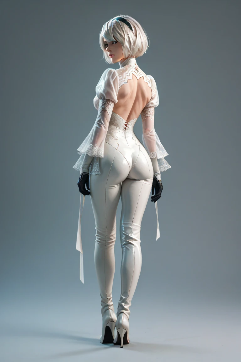  2B by Nier Automata, standing,  full body,  from the back to the spectator ,  looking back,  Looking at the viewer 