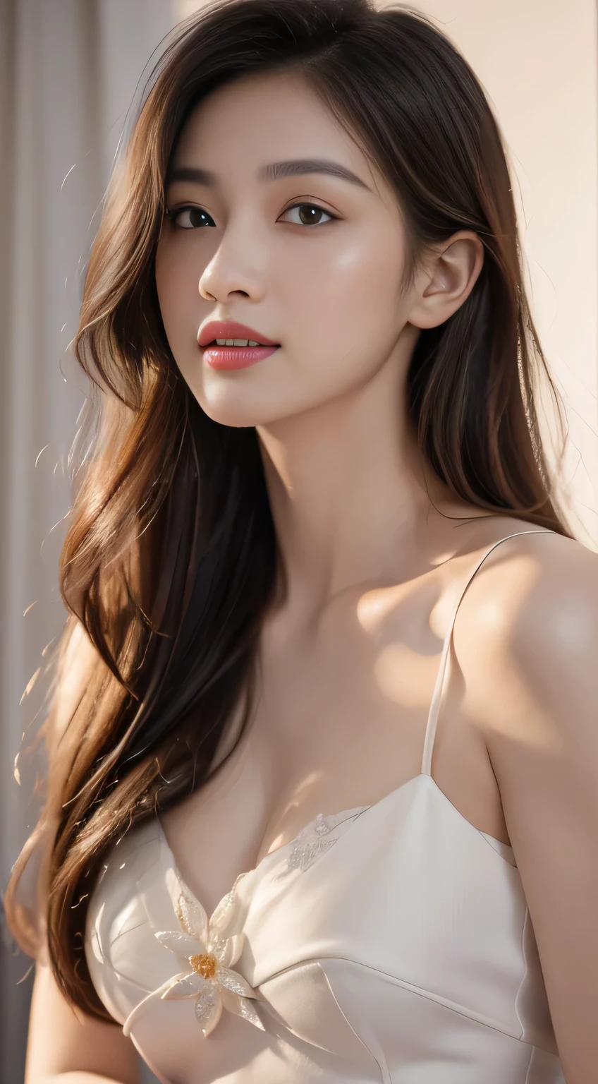 ((highest quality、8K resolution、master masterpiece、professional photography)), Photoreal, 1 Beautiful Girl、solo、(Nude photos from the chest up:1.2)、(pure white background:1.2)、stand gracefully、clavicle、Very Long Straight Hair、A gentle smile looking at me、(close up of face:1.1)、Dark red lipstick、perfect makeup、eye shadow、Super high resolution glossy white skin、(accurate anatomy:1.1)、most detailed face、(cleavage:1.25)、(big breasts:1.25)、Standing gracefully、Perfect composition that perfectly fits your face、The most detailed and perfect face、perfect beautiful eyes、(Closed mouth 1.05)、Moist, sparkling eyes、Big eyes、Natural shoulder width、face forward、Composition where the face fits perfectly on the screen、very bright