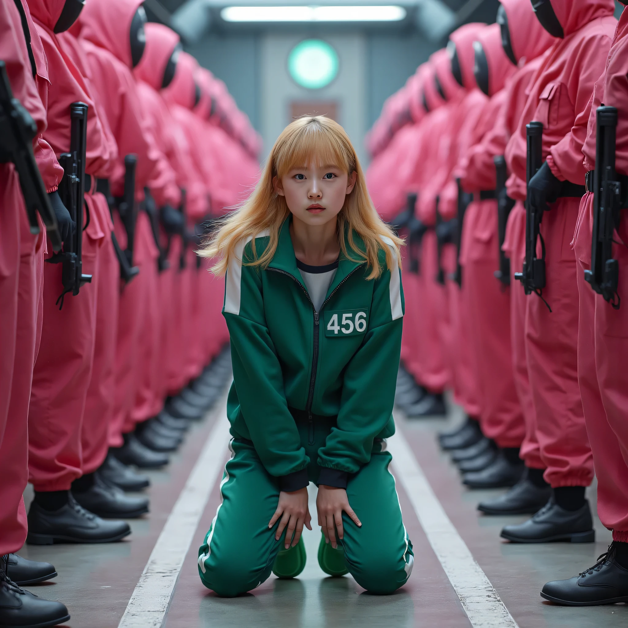 beautiful blonde , green sneakers with uniforms from the Lula Game and a number "456" She is wearing , Kneeling . behind her are many soldiers , soldiers dressed in pink O Jogo da Lula . realistic image .