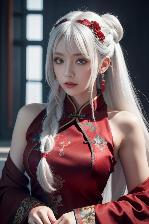 vibrant colors, female, masterpiece, sharp focus, best quality, depth of field, cinematic lighting, white hair, red eyes, braid, dress, long hair, red eyes, tattoo, earrings, jewelry, black dress, hair ornament, bangs, chinese clothes, breasts, china dress, sleeveless,