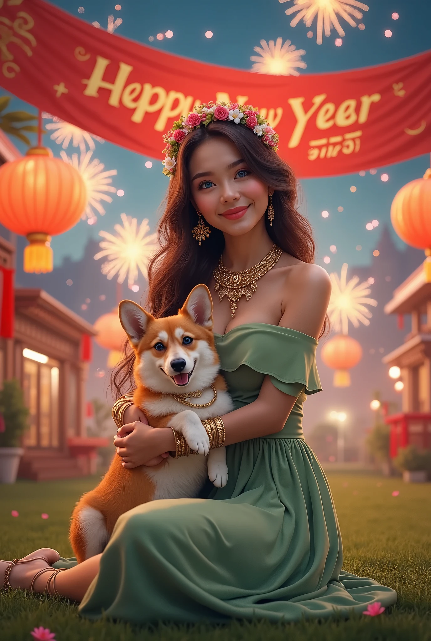 Create an image of the most charming young lady with long wavy hair wearing an exquisite flower crown and wearing a lot of precious stones. She is holding a corgi dog and sitting on the lawn of Nguyen Hue flower street with a large banner "Happy New Year 2025" very clearly above, has prominent blue eyes and a very beautiful smile. She is decorated with many necklaces and bracelets and shows off her very attractive large breasts, adding a liberal touch to her appearance. She is wearing a light green off-shoulder dress, which compliments the natural scenery, the background is Nguyen Hue flower street with enough decorations to celebrate the Vietnamese Lunar New Year of the Snake and fireworks shooting brightly in the middle of the night, attracting attention to both the person and the cute dog with the banner "Happy New Year 2025"