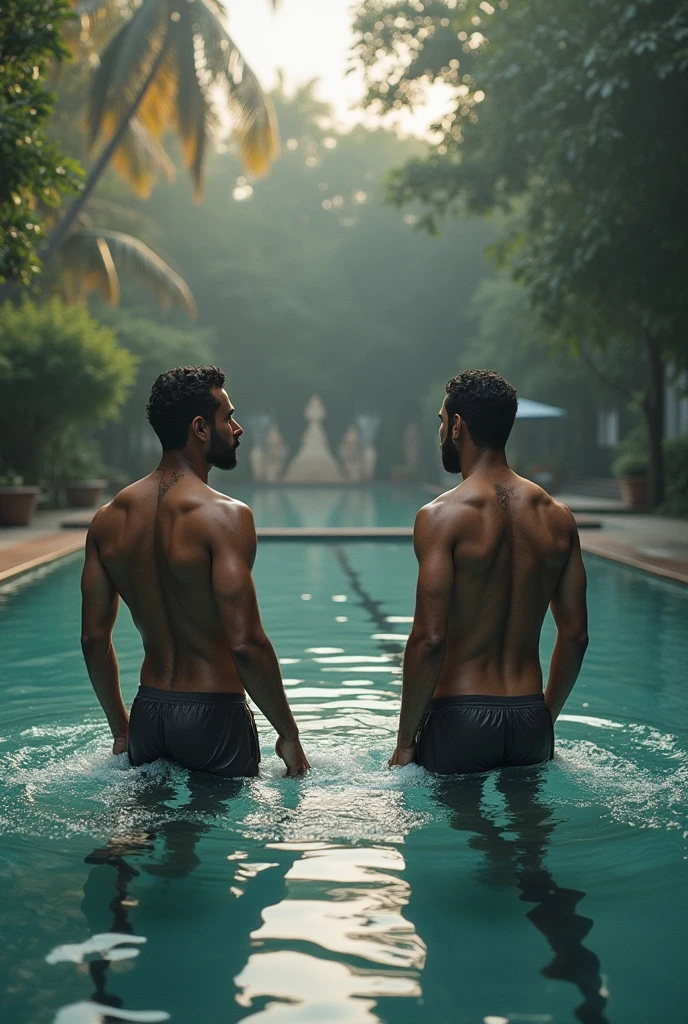a two (young and matured adult) south indian man standing on rocks in front of waterfall, shirtless, they are wearing a underwear, they are hairy body, (((their detailed face))), perfect eyes, perfect face, perfect legs, perfect hands.