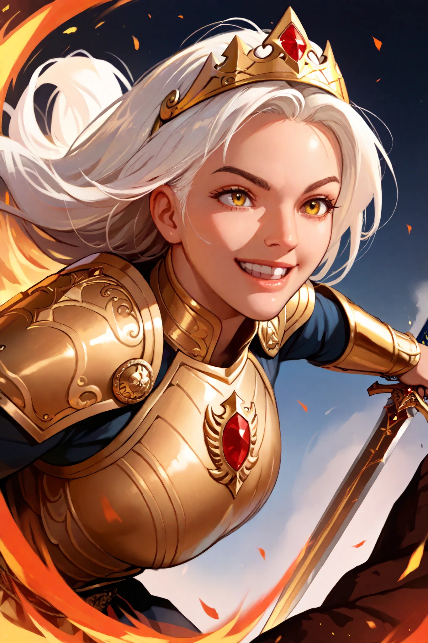 woman of fire , smiling, very high, with long white hair, yellow eyes, wearing golden armor, wearing a golden crown with red stones, (The woman is fighting with swords in a battle)