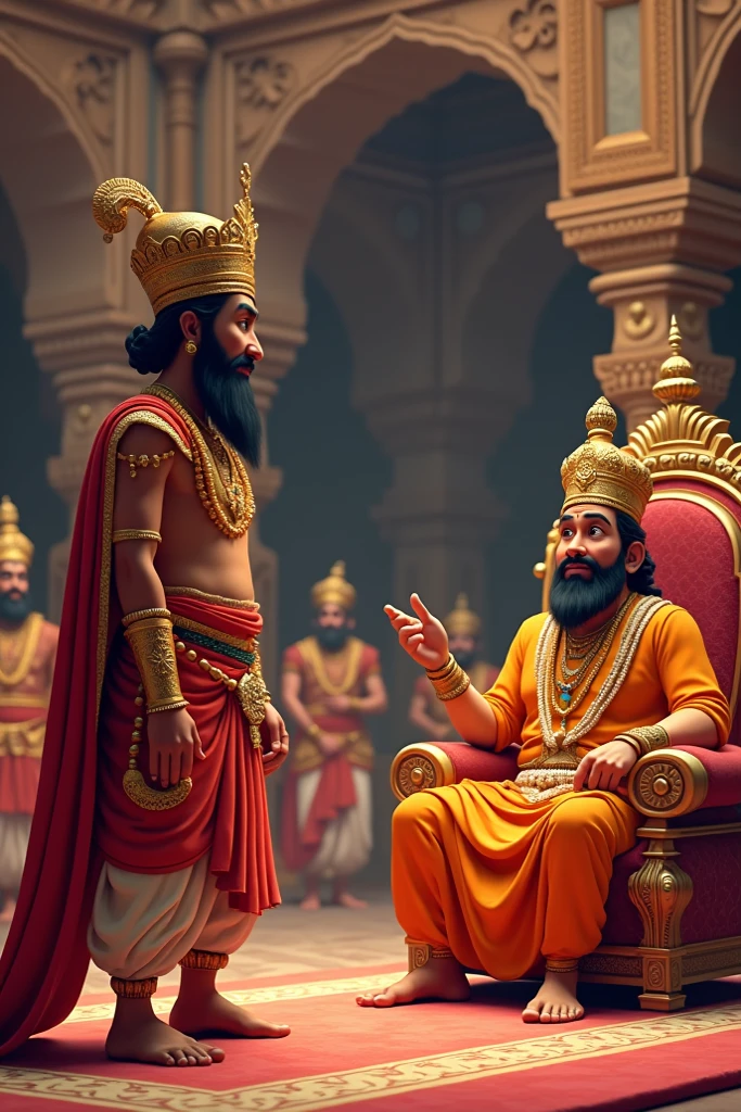 “Yama, the god of death and elder brother of Shani Dev, stands before Shani Dev with a curious expression. Yama is in traditional divine attire, holding a staff, with a calm yet inquisitive look on his face. He is asking Shani Dev, ‘Why is your gaze so harsh?’ Shani Dev, seated on his throne, responds with a serious and thoughtful expression, ‘It is the result of my actions, and its purpose is to make people receive the fruits of their deeds.’”