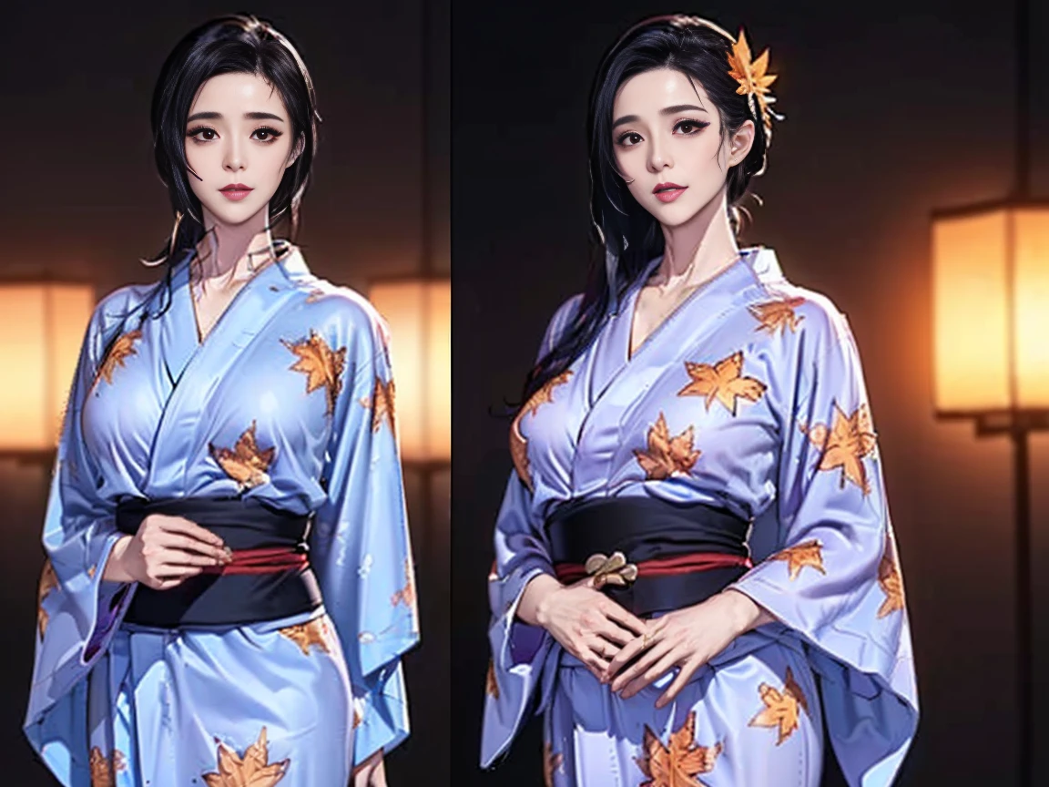a close up of a woman in a kimono with a big breast, japanese goddess, oppai, japanese model, with a large breasts, in kimono, big breasts!, with large breasts, in a kimono, big breasts, beautiful asian girl, japanese, big breasts!!, teasing smile, asian hyperdetailed, asian girl, huge breasts, breasts covered and sfw, makeup, flustered, purple hair, hime cut, cowboy shot, pov, first-person view, masterpiece, super detail, high quality, highres, 16k