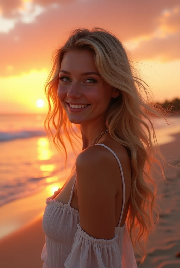 golden hour lighting, outside beachside and ocean scene with beautiful colorful vibrant sunset, perfect composition, Very beautiful portrait, real photo, 20 year old very innocent supermodel, very seductively  on the beach, wearing a high fashion expensive highly detailed very expensive full lingerie style French maid very  slutty outfit (black and white bra with black and white lace low rise very small tiny panties, very beautiful long flowing wavy blonde wind blown hair, the perfect day, shy little teasing flirty smile, perfect small cleavage, flirty pose,  pose,  pose, very fun flirty sly  very mischievous smile,  , , 