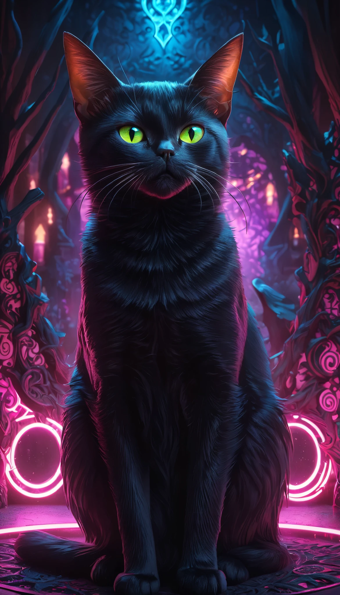 Full color, BREAK Ultra-realism, Detailed and realistic skin texture, Detailed and intricate texture, Detailed and intricate brushwork, Detailed and clear depiction, aesthetic, Black Cat and Witch, Enchanting, Alluring, Pop Dark Fantasy BREAK Neon Art Background, Cinematic lighting effects, Cryptic,