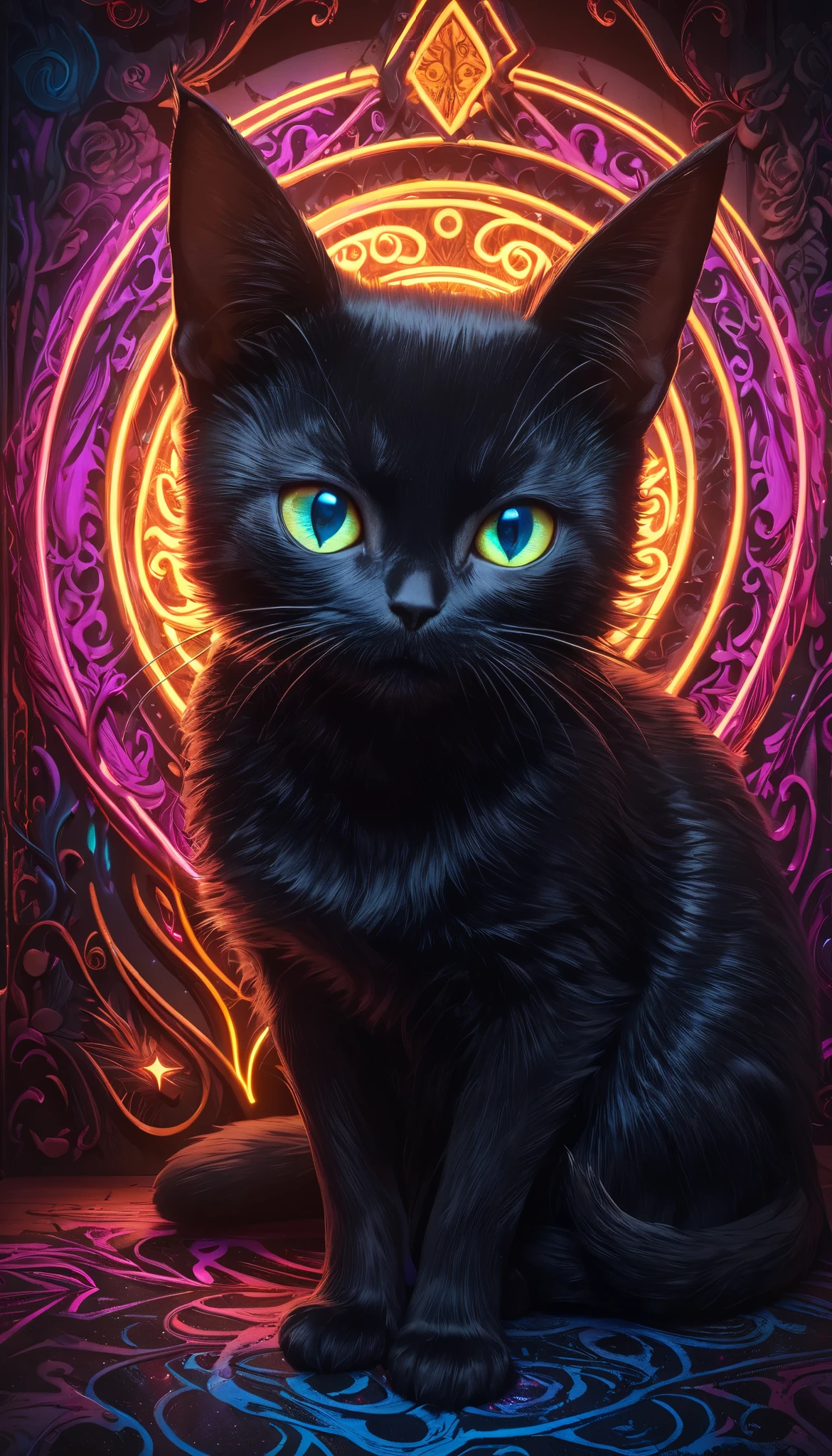 Full color, BREAK Ultra-realism, Detailed and realistic skin texture, Detailed and intricate texture, Detailed and intricate brushwork, Detailed and clear depiction, aesthetic, Black Cat and Witch, Enchanting, Alluring, Pop Dark Fantasy BREAK Neon Art Background, Cinematic lighting effects, Cryptic,
