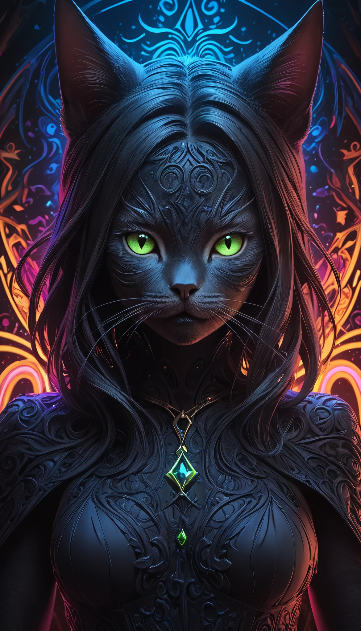 Full color, BREAK Ultra-realism, Detailed and realistic skin texture, Detailed and intricate texture, Detailed and intricate brushwork, Detailed and clear depiction, aesthetic, Black Cat and Witch, Enchanting, Alluring, Pop Dark Fantasy BREAK Neon Art Background, Cinematic lighting effects, Cryptic,