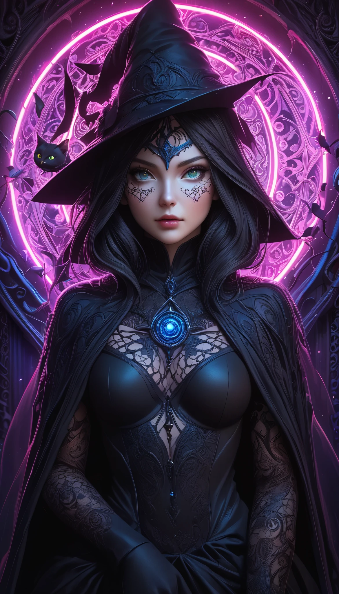 Full color, BREAK Ultra-realism, Detailed and realistic skin texture, Detailed and intricate texture, Detailed and intricate brushwork, Detailed and clear depiction, aesthetic, Black Cat and Witch, Enchanting, Alluring, Pop Dark Fantasy BREAK Neon Art Background, Cinematic lighting effects, Cryptic,