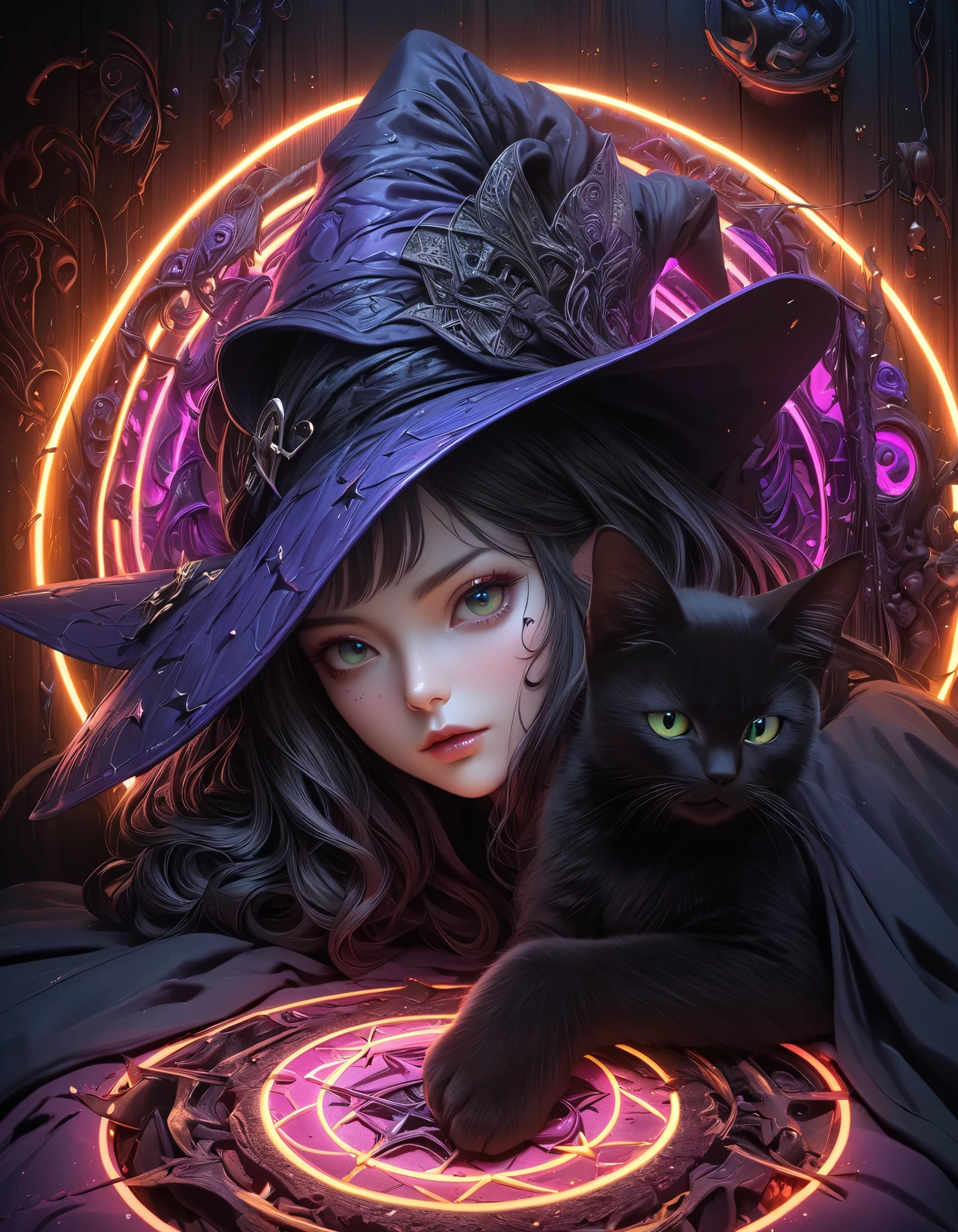 Full color, BREAK Ultra-realism, Detailed and realistic skin texture, Detailed and intricate texture, Detailed and intricate brushwork, Detailed and clear depiction, aesthetic, Black Cat and Witch, Enchanting, Alluring, Pop Dark Fantasy BREAK Neon Art Background, Cinematic lighting effects, Cryptic,
