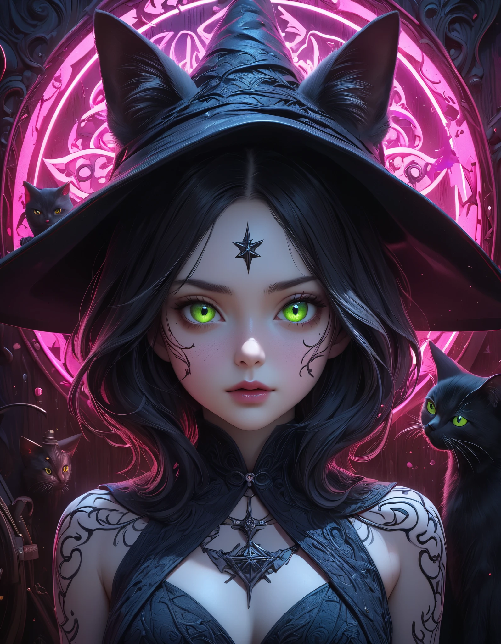 Full color, BREAK Ultra-realism, Detailed and realistic skin texture, Detailed and intricate texture, Detailed and intricate brushwork, Detailed and clear depiction, aesthetic, Black Cat and Witch, Enchanting, Alluring, Pop Dark Fantasy BREAK Neon Art Background, Cinematic lighting effects, Cryptic,