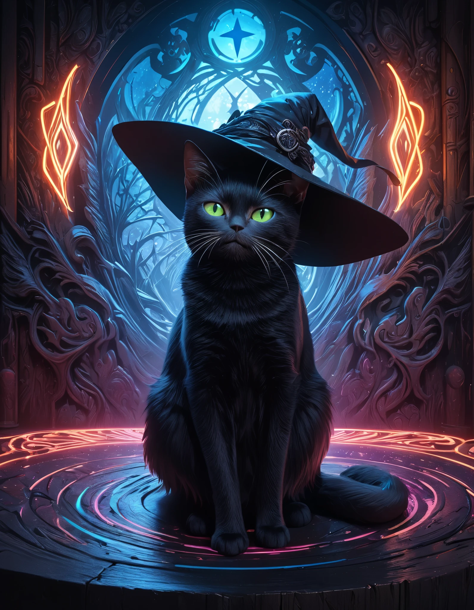 Full color, BREAK Ultra-realism, Detailed and realistic skin texture, Detailed and intricate texture, Detailed and intricate brushwork, Detailed and clear depiction, aesthetic, Black Cat and Witch, Enchanting, Alluring, Pop Dark Fantasy BREAK Neon Art Background, Cinematic lighting effects, Cryptic,