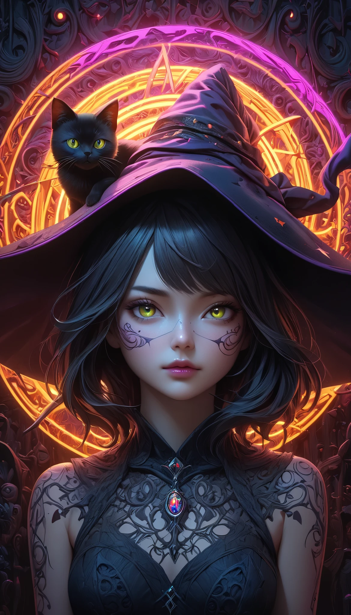 Full color, BREAK Ultra-realism, Detailed and realistic skin texture, Detailed and intricate texture, Detailed and intricate brushwork, Detailed and clear depiction, aesthetic, Black Cat and Witch, Enchanting, Alluring, Pop Dark Fantasy BREAK Neon Art Background, Cinematic lighting effects, Cryptic,