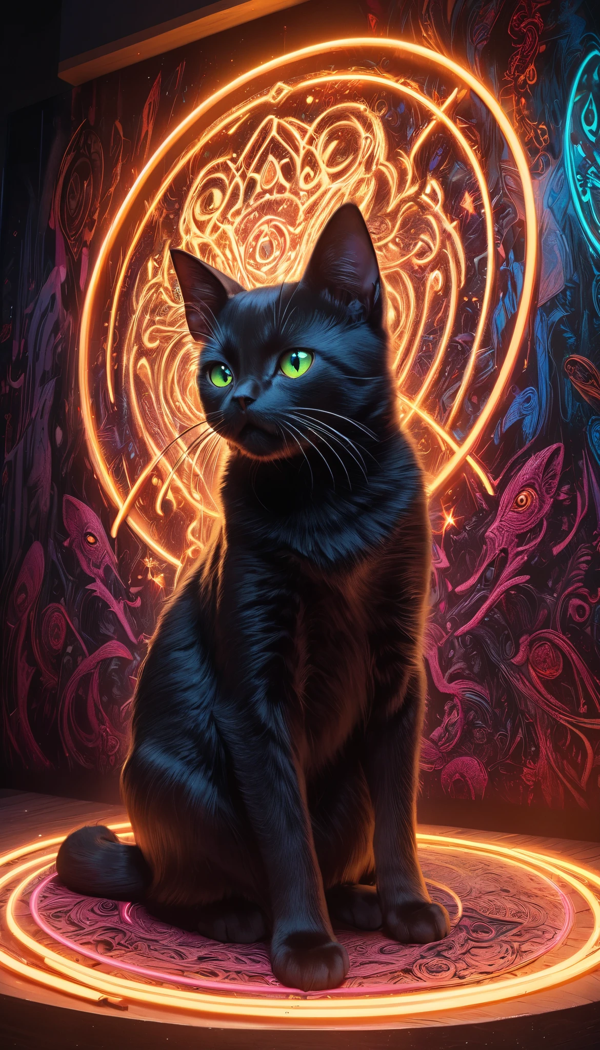 Full color, BREAK Ultra-realism, Detailed and realistic skin texture, Detailed and intricate texture, Detailed and intricate brushwork, Detailed and clear depiction, aesthetic, Black Cat and Witch, Enchanting, Alluring, Pop Dark Fantasy BREAK Neon Art Background, Cinematic lighting effects, Cryptic,