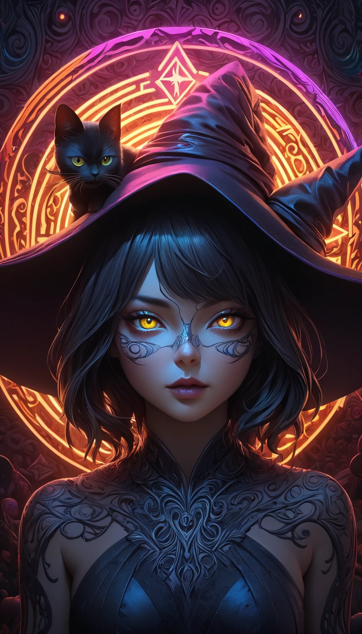 Full color, BREAK Ultra-realism, Detailed and realistic skin texture, Detailed and intricate texture, Detailed and intricate brushwork, Detailed and clear depiction, aesthetic, Black Cat and Witch, Enchanting, Alluring, Pop Dark Fantasy BREAK Neon Art Background, Cinematic lighting effects, Cryptic,