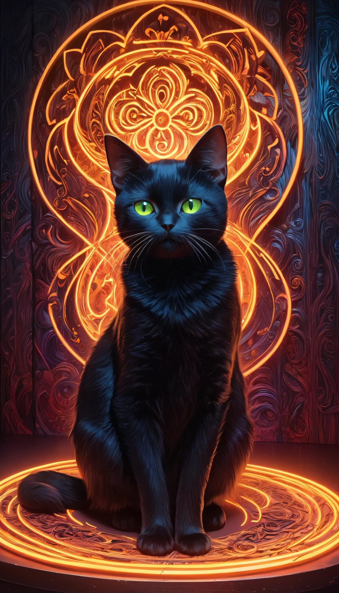 Full color, BREAK Ultra-realism, Detailed and realistic skin texture, Detailed and intricate texture, Detailed and intricate brushwork, Detailed and clear depiction, aesthetic, Black Cat and Witch, Enchanting, Alluring, Pop Dark Fantasy BREAK Neon Art Background, Cinematic lighting effects, Cryptic,