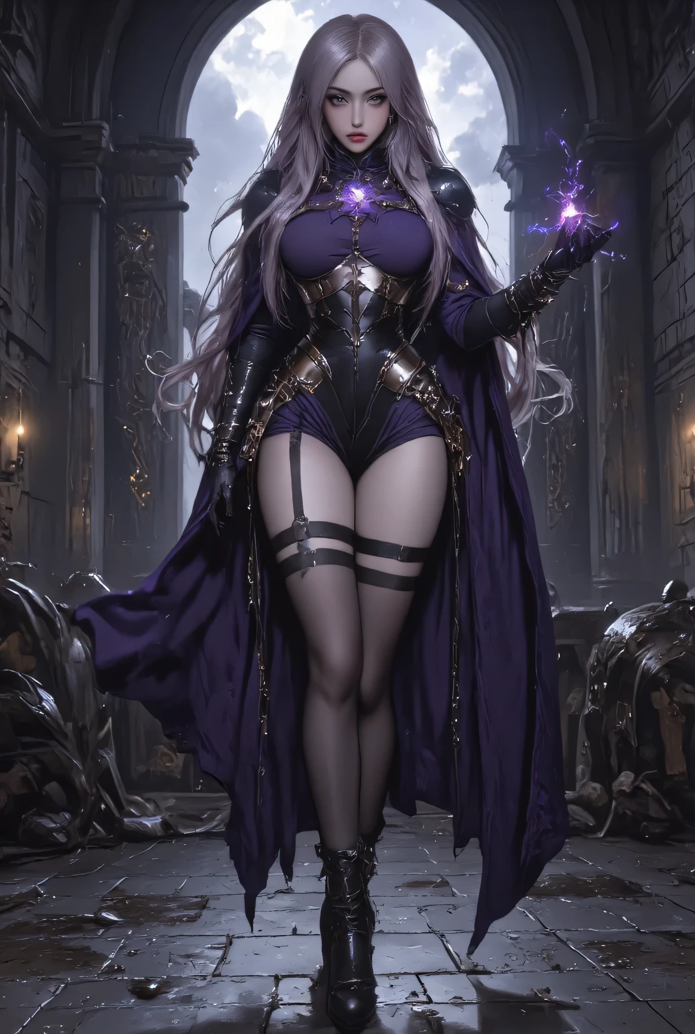 Sexy gothic, large breasts, laced clothing, full body, purple, and black, necromancer, elf, purple wavy hair, regal, skull