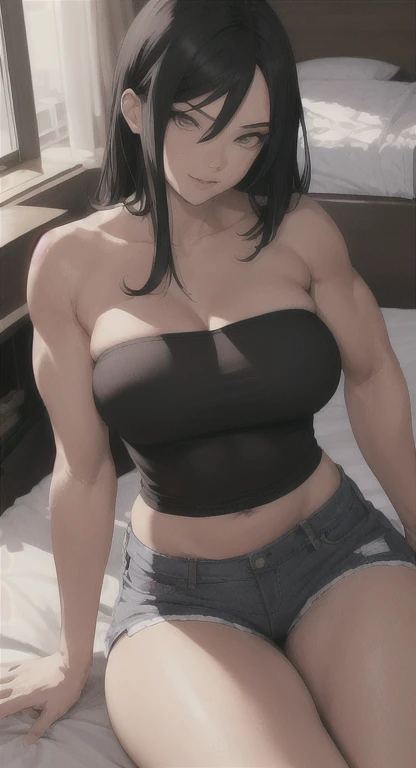 4K Quality, plaid miniskirt, dark skin, black braids, abs, very sexy, thick thighs, big breasted, Solo, looking at viewer, on the bed, night time, black tank top, six-pack abs, provocative, big ass, pretty face, hoop earrings, seductive, bedroom eyes, Curvaceous Physique, city background