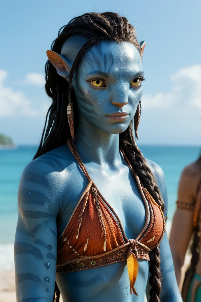 female, portrait, face close-up, detailed yellow eyes, blue skin, long hair with shaved sides, braided hair, black hair, tail, big pointy ears, five fingered hands, wearing tribal clothing, wearing a tribal bikini top made of leaves, beach background, solo, n4vi, score_9, score_8_up, score_7_up, score_6_up, AvLoak