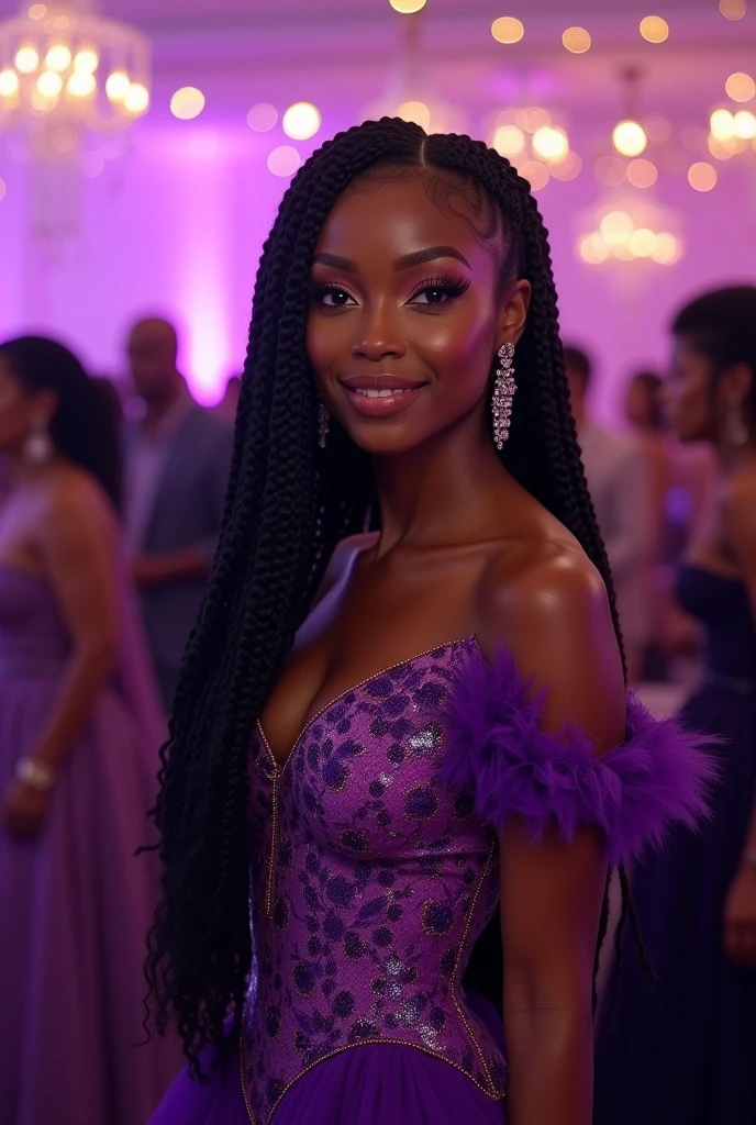 Realistic upper body photo of a smiling, Young black girl with long hair, black skin, She dances in front of the camera in a long A-line bridesmaid dress with straps made of shiny purple satin., Park,glamour fotoshooting, Wedding celebration, perfect anatomy, perfect brown eyes. Perfect hands with 5 fingers on each hand, Matching girl, looking at the camera, 1 Frau. (Eye make up:1.1), (highly detailed skin:1.1), spirit, analog style, keen focus, 8K UHD, dslr, good quality, Fujifilm XT3, Grain, Award-winning, masterpiece. Wedding celebration