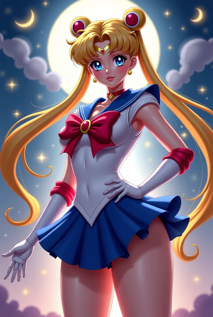 obra maestra, La mejor calidad, absurdos, antomy perfecto, 1girl, solamente, SMMoon, 1990's \(estilo\), Rubia Sailor Luna, En pie, They are smiling, Disparo de vaquero, Uniforme Sailor Senshi, Collar de marinero, falda azul, guantes de codo, en postura de espalda, Show off your loot, Backwards, No hay tanga Big Booty, Ultra minifalda