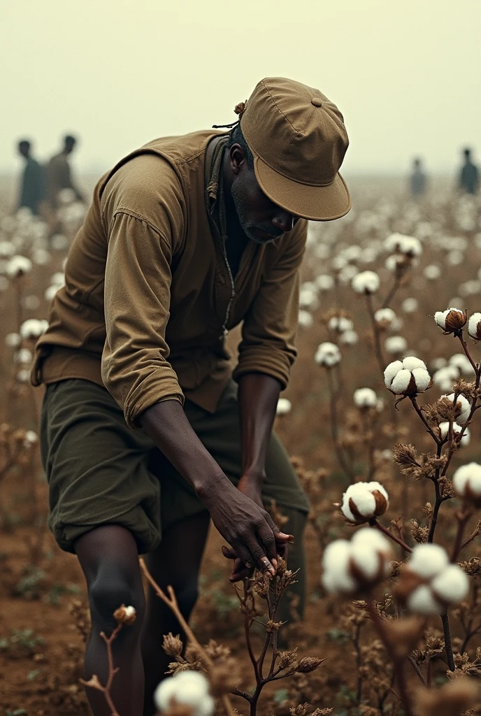 Black slave, crying, starved and skinny, picking cotton with ripped clothing with whip scars on back.