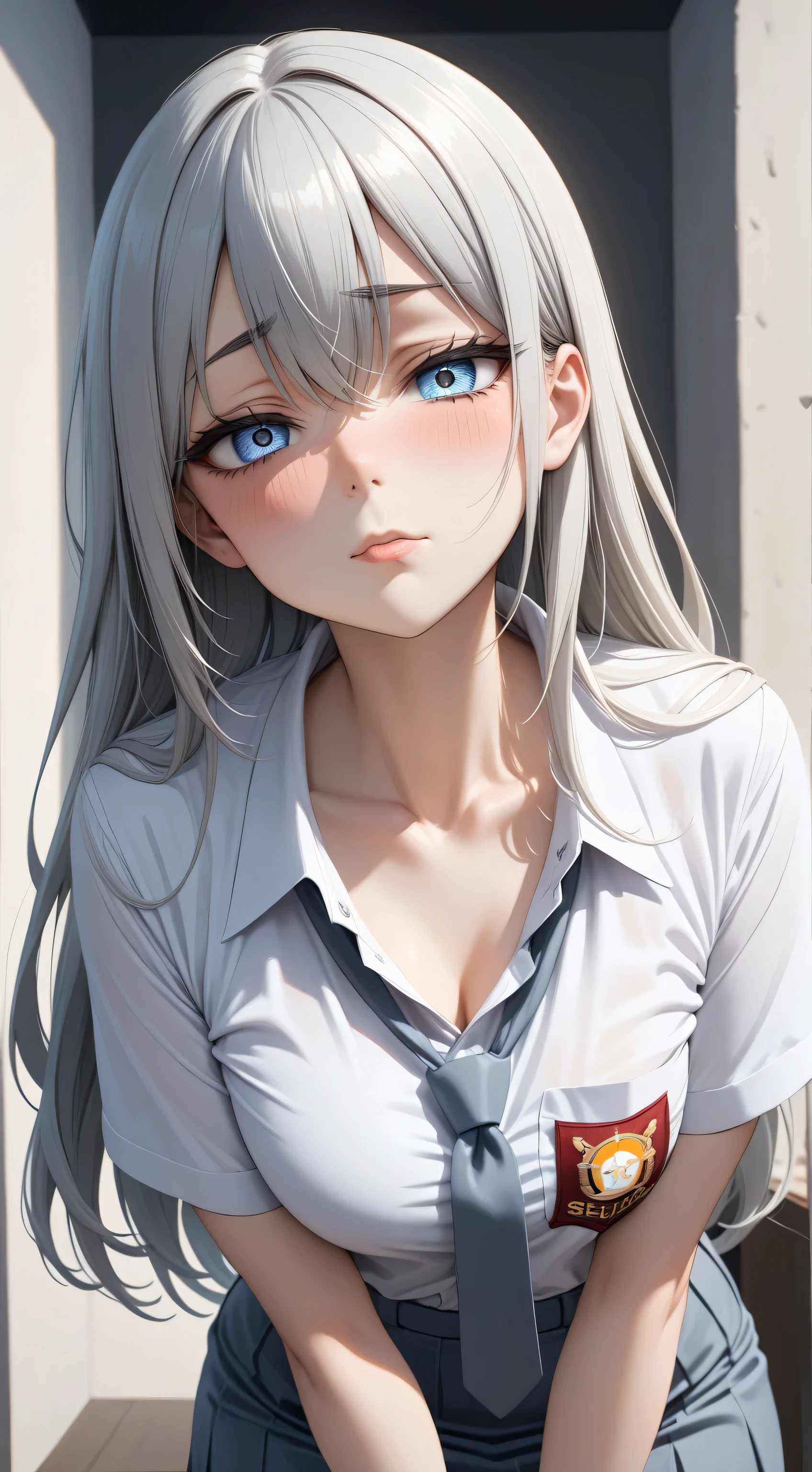 Random Sexy pose , ((Ultra detailing)), (very aesthetic, best quality, ultra detailed), intricate details,
1girl, silver hair, silver eyes,((Detailed eyes)), ((Beautifull eyes)), ((prefect eyes)), sharp jawline, long hair, shy, Licking her lips, Blush ,Wearing sma shirt, Gray tie, Gray Skirt, 