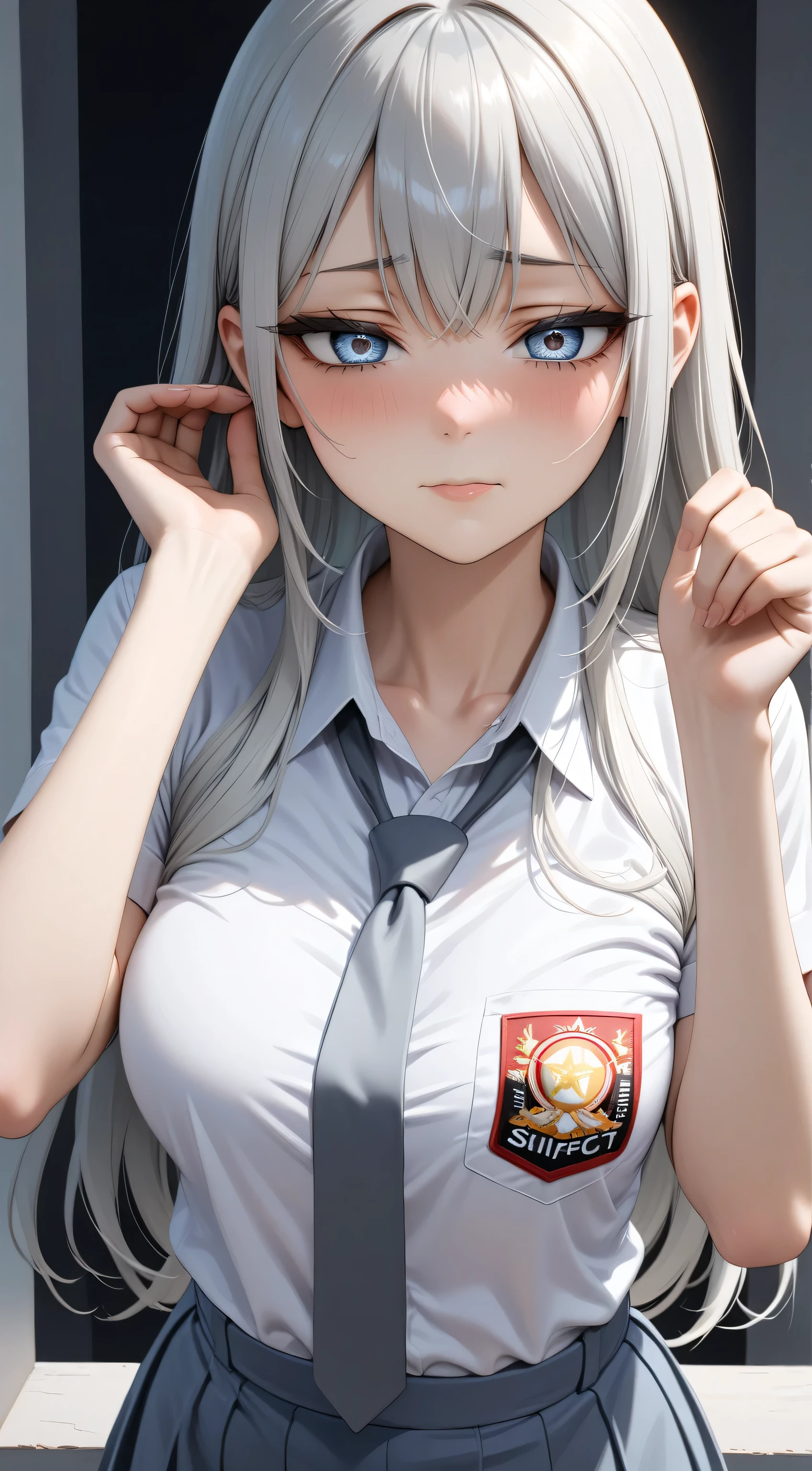 Random Sexy pose , ((Ultra detailing)), (very aesthetic, best quality, ultra detailed), intricate details,
1girl, silver hair, silver eyes,((Detailed eyes)), ((Beautifull eyes)), ((prefect eyes)), sharp jawline, long hair, shy, Licking her lips, Blush ,Wearing sma shirt, Gray tie, Gray Skirt,