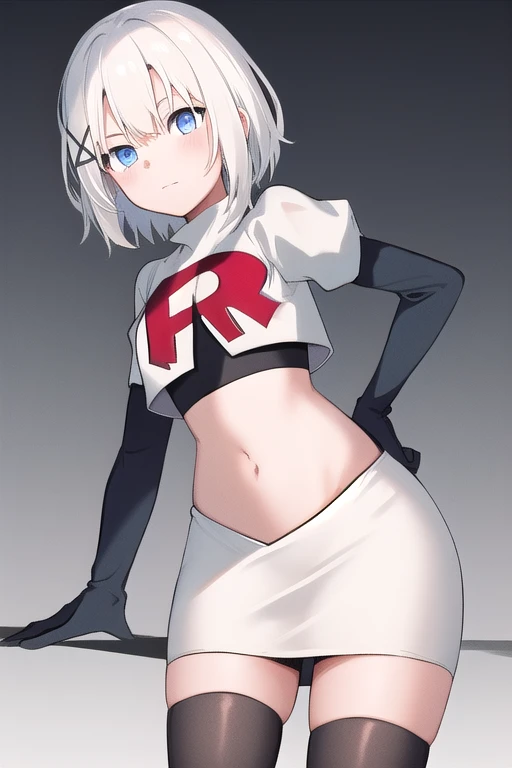 pokemonlana, pokemonlana, blue eyes, blue hair, freckles, hairband, short hair, white pupils, yellow hairband, (bright pupils:1.5),
BREAK team rocket,team rocket uniform,white skirt,red letter R,crop top,black thigh-highs,
BREAK looking at viewer,
BREAK outdoors, beach, ocean, sea,
BREAK (masterpiece:1.2), best quality, high resolution, unity 8k wallpaper, (illustration:0.8), (beautiful detailed eyes:1.6), extremely detailed face, perfect lighting, extremely detailed CG, (perfect hands, perfect anatomy),