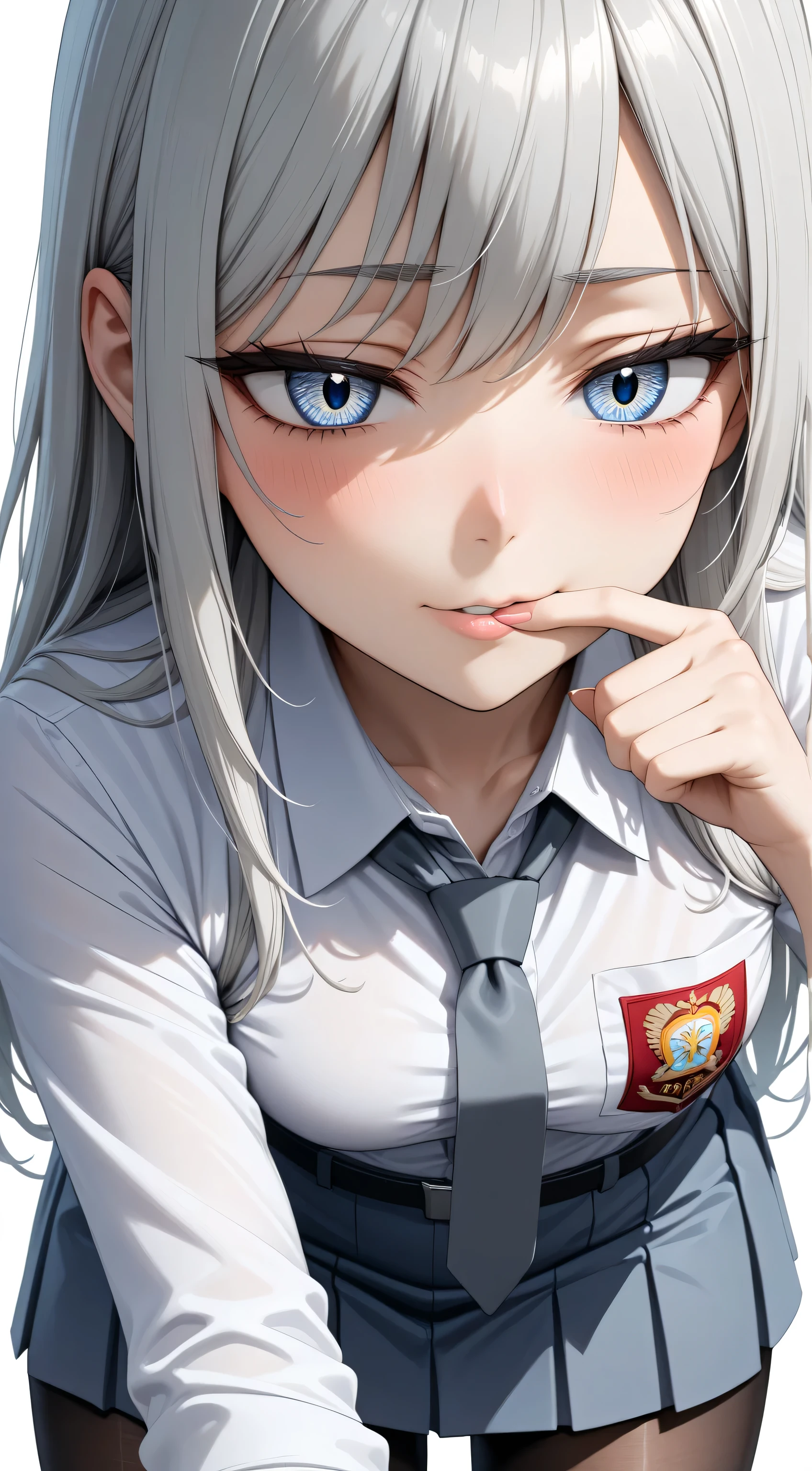 absurd, masterpiece, best quality, realistic, hyper-detailed, (shiny skin, sweaty:1.4), slender, looking at viewer, 1girl, solo, tennis wear, white polo shirt, white sneakers, white miniskirt, long hair, silver hair, blue eyes, (thick thighs:0.5), dynamic lighting, high resolution, sharp focus, depth of field, small breasts