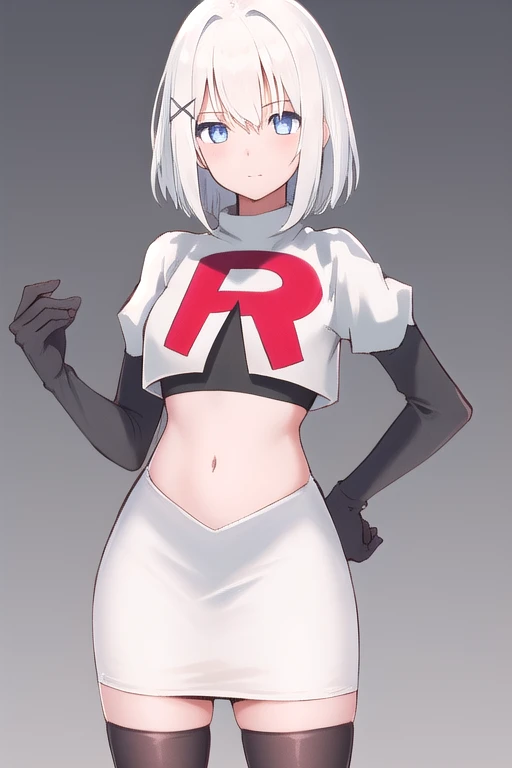 (Realistic painting style:1.1), masterpiece, best quality, absurdres, looking at viewer, solo,kallen kaslana (sixth serenade), kallen kaslana, white hair, ahoge, 1girl, solo, blue eyes, braid, looking at viewer, gloves, smile, long hair, braided ponytail, bangs, hair between eyes, (large breasts:0.8), hair ornament, single braid, team rocket,team rocket uniform,white skirt,red letter R,crop top,black thigh-highs,black elbow gloves,