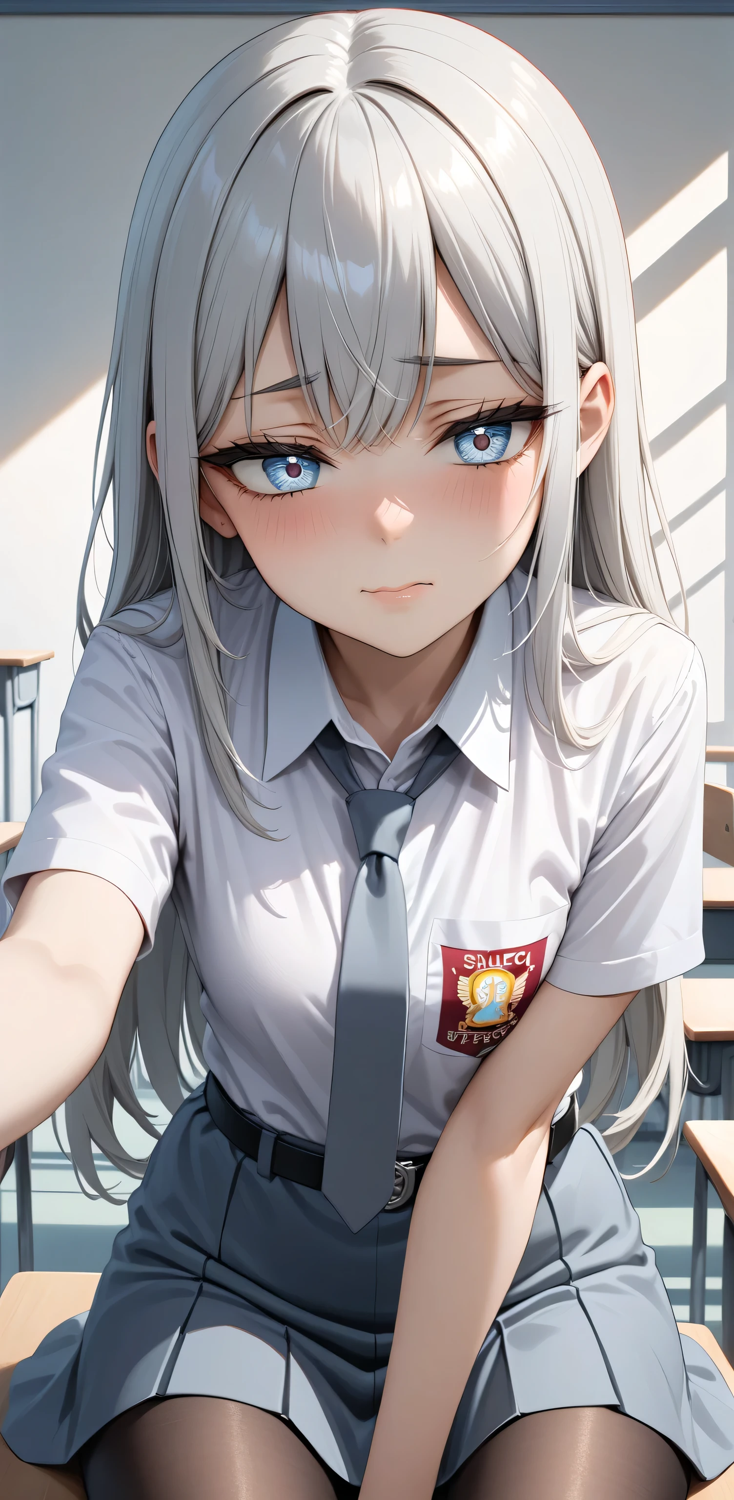 Random Sexy pose , ((Ultra detailing)), (very aesthetic, best quality, ultra detailed), intricate details,
1girl, silver hair, silver eyes,((Detailed eyes)), ((Beautifull eyes)), ((prefect eyes)), sharp jawline, long hair, shy, Licking her lips, Blush ,Wearing sma shirt, Gray tie, Gray Skirt, Belt, Pantyhose, Sit down, class room,