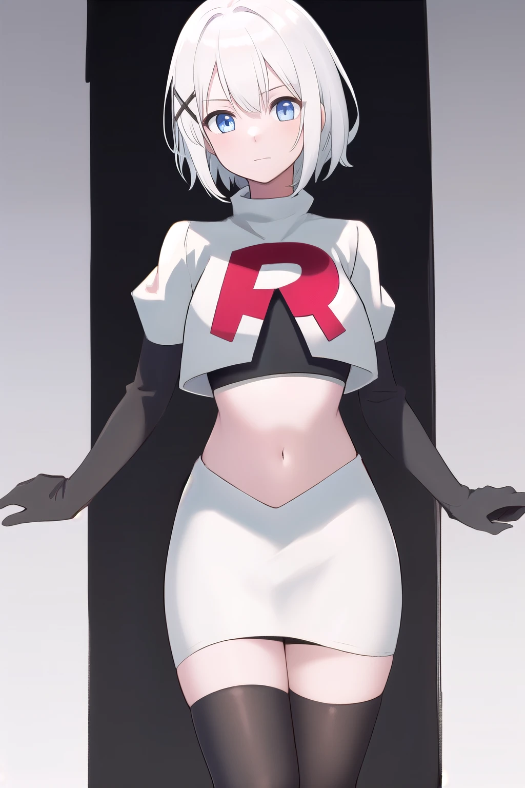 kaine \(nier\), 1girl, bandages, bangs, blonde hair, blunt bangs, braid, brown eyes, hair flower, hair ornament, nier \(series\), short hair, single braid, solo, white background, white flower, white hair, expressionless, medium breasts, team rocket,team rocket uniform, red letter R, white skirt,white crop top,black thigh-highs,black elbow gloves