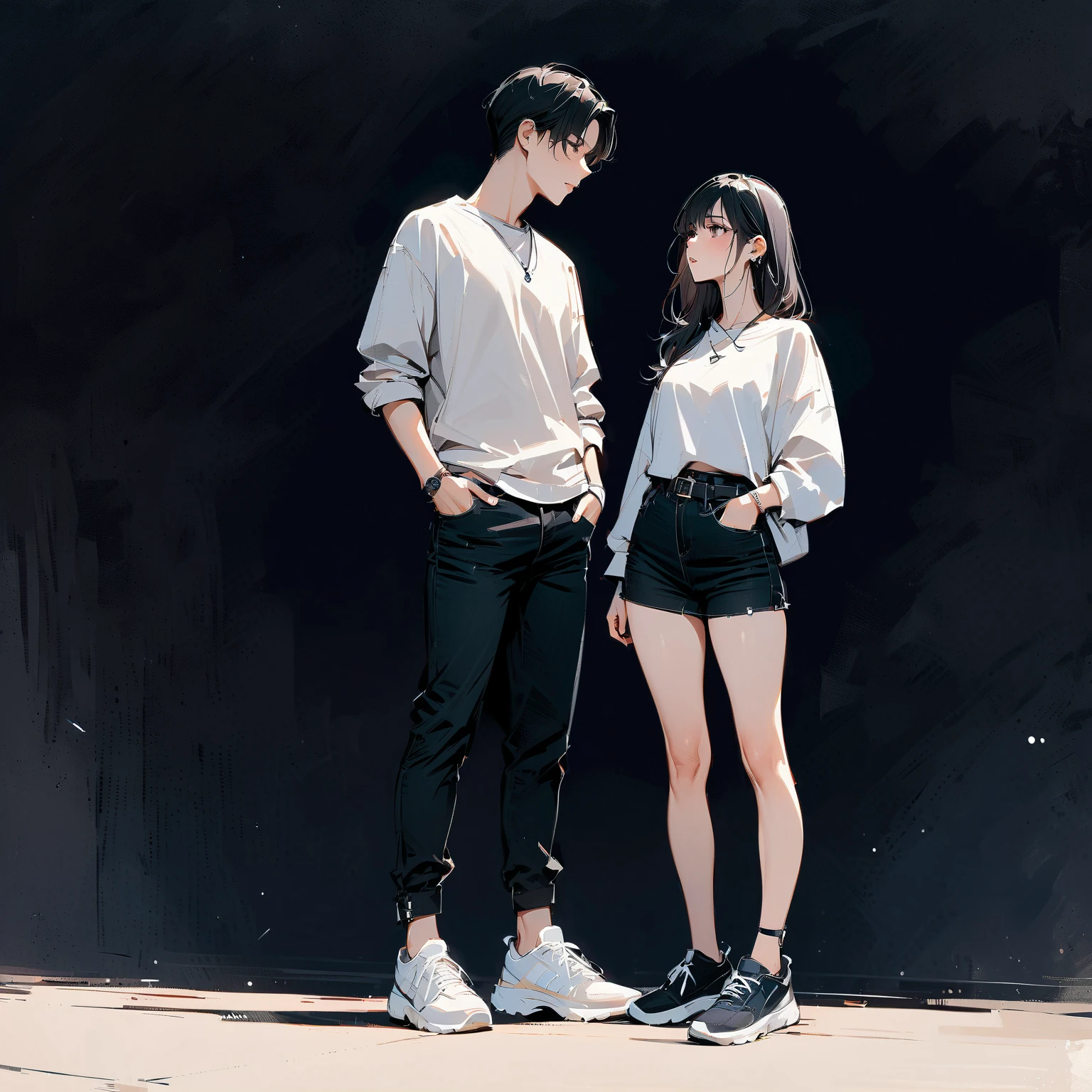 A boy and a girl stand next to a power pole in the street and chat