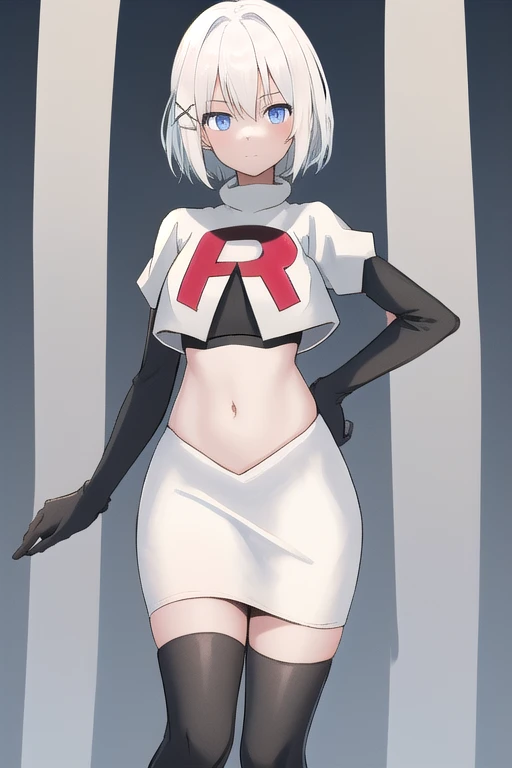 masterpiece, best quality, red eyes, white hair,team rocket,team rocket uniform,white skirt,red letter R,crop top,black thigh-highs,black elbow gloves,