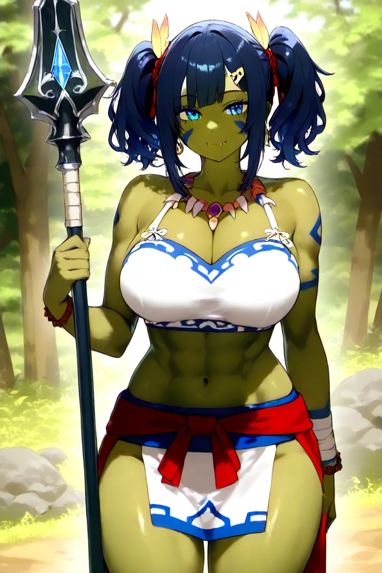 score_9, score_8_up, score_7_up, BREAK,official art,source_anime, rating_explicit, megami magazine, anime screencap, BREAK 1girl, nyotengu, forest, dark hair, gigantic breasts, breasts piercing, wide hips, gigantic hips, huge ass, thick thighs, long hair, fit body, savage tribal woman, tribal tatoos, sexy attitude, seductive, pureerosface_v1, dark skin, shiny dark skin, loin cloth, axe on shoulder