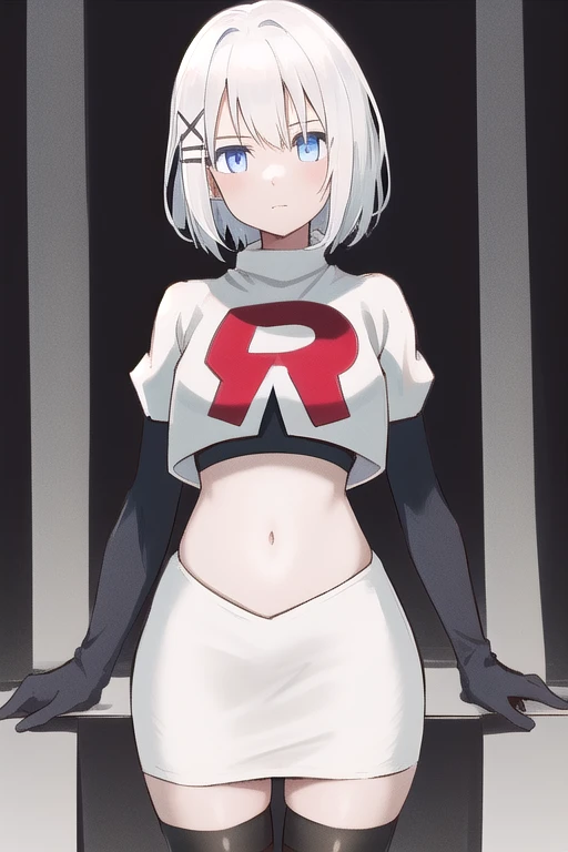 (extremely detailed CG unity 8k wallpaper), (masterpiece), (best quality), (ultra-detailed), (best illustration), (best shadow), (absurdres), druj, 1girl, green hair, hair over one eye, team rocket,team rocket uniform,white skirt,red letter R,crop top,black thigh-highs,black elbow gloves