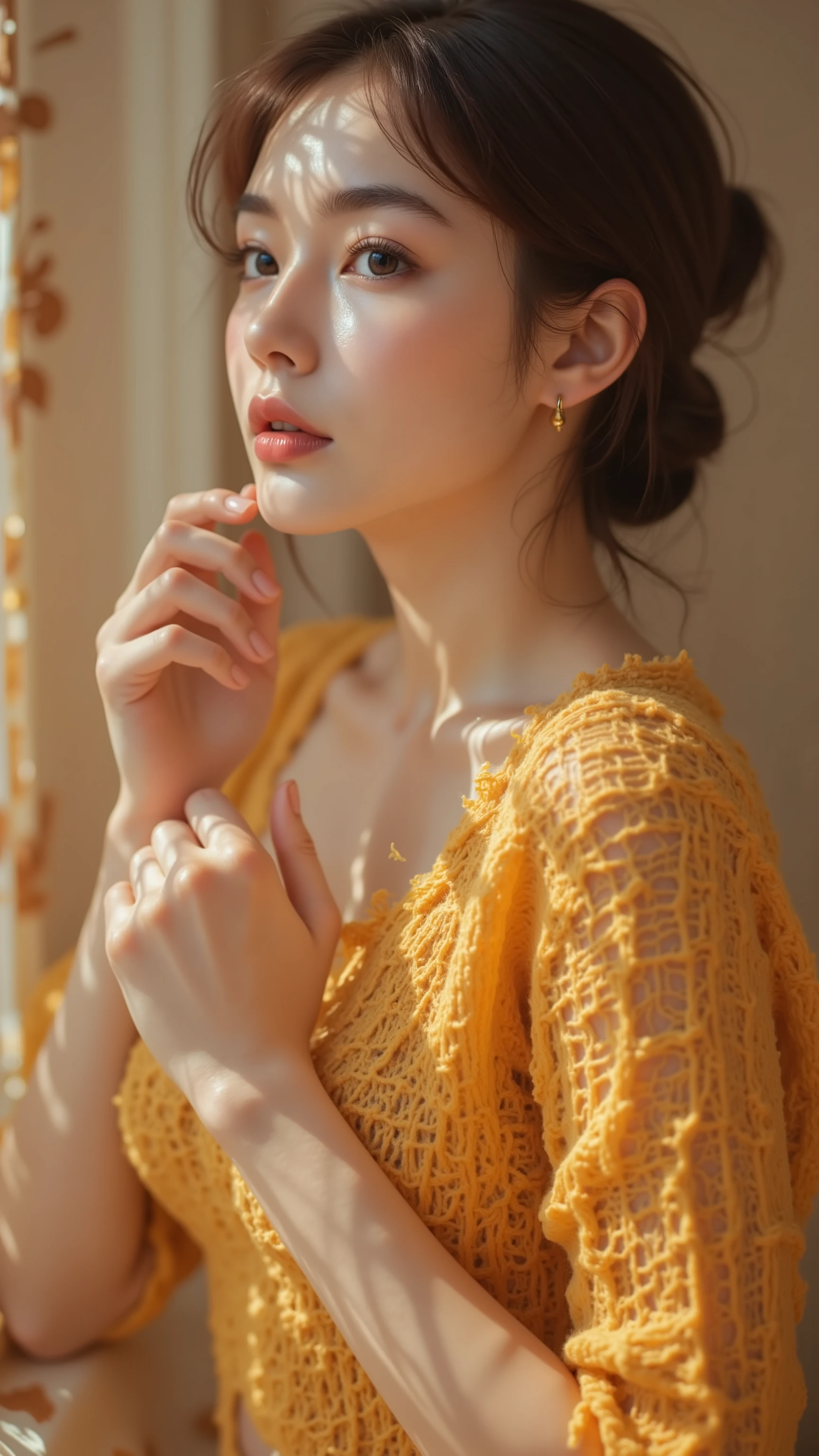 8k, masterpiece, highest quality, Surrealism, Korea's Beautiful Women, Close-up, low-angle, dark hair, bun, delicate features, soft expression, pensive, mustard-yellow, knitted sweater, loose-fitting, short sleeves, hands, waist, gentle, soft lighting, diffused, warm, ethereal, blurry background, patterned curtain, fabric, interior, domestic space, smooth skin, serene, intimate, Mu Qing, professional photography, fashion portrait.