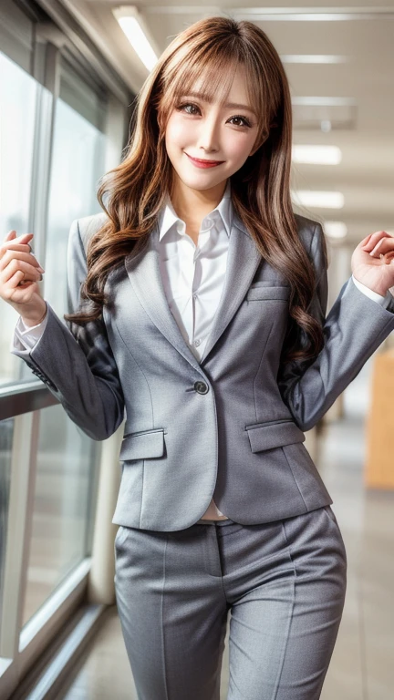  top quality,  photorealistic, 8k,   High Definition ,   1 female、smile、 beautiful and perfect proportions , Beautiful big boobs,  office、 pantsuit ,  white blouse ,staff identity card,work, 