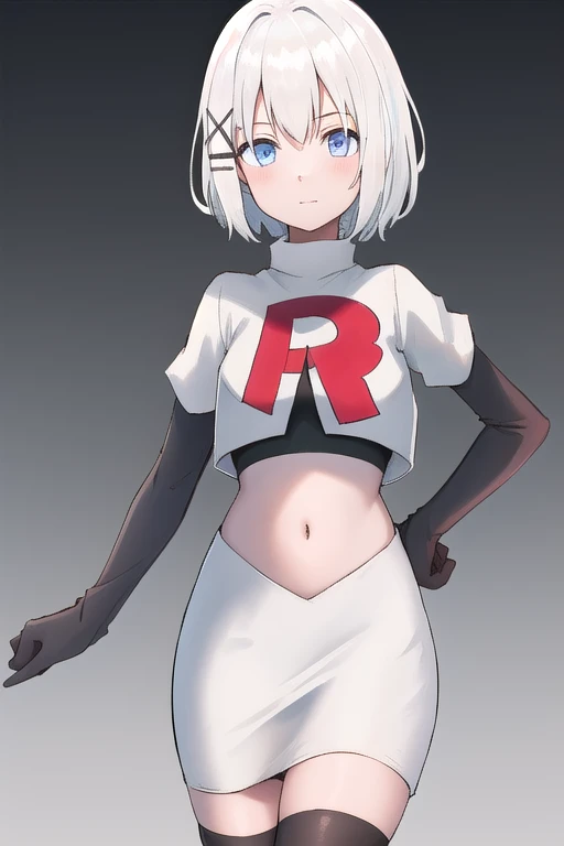 masterpiece, best quality,zdrada,red eyes, white hair,team rocket,team rocket uniform,white skirt,red letter R,crop top,black thigh-highs,black elbow gloves, comic strip