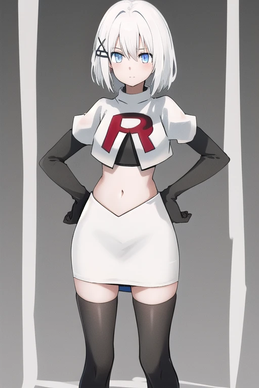 masterpiece, best quality, red eyes, white hair,demon horns, demon tail,team rocket,team rocket uniform,white skirt,red letter R,crop top,black thigh-highs,black elbow gloves, comic strip
